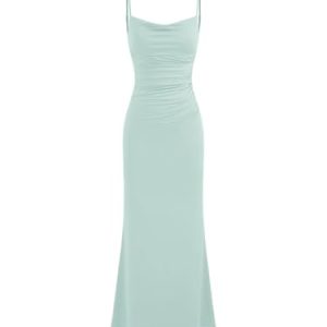 Women Wedding Guest Maxi Dresses Cowl Neck Backless Ruched Long Formal Dress Spaghetti Straps Evening Gown
