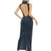 Women Backless Velvet Maxi Dress Back Slit Ruched Bodycon Formal Dress High Neck Cocktail Party Dress 091