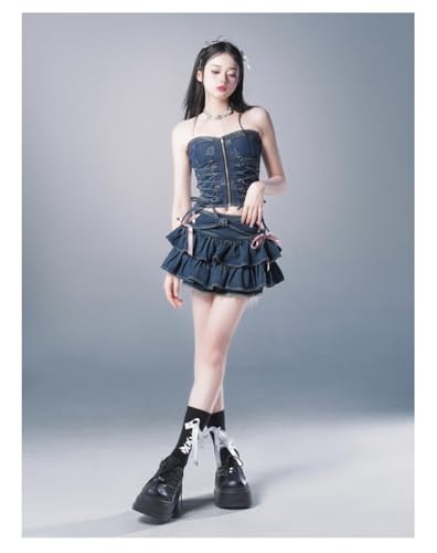 314D1YNUnkL.jpg Y2K Women Ruffle Hem Blue Jean Pleated Mini Skirt - Denim Bustier Top Suit