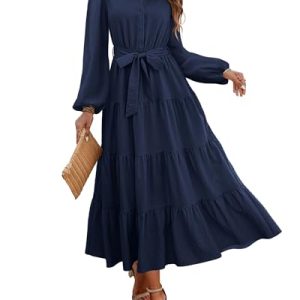 Women's Long Sleeve Dress 2025 Button Down Belted A-Line Flowy Fall Outfits Ruffle Maxi Holiday Party Dresses