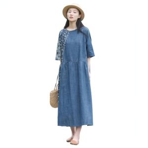 Flower Pattern Casual Denim Dress Blue Short Sleeved Patch Medium Long Robe Loose Fit