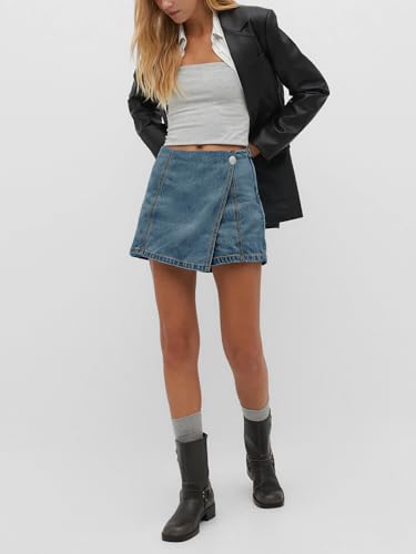 Womens Denim Skorts High Waisted Casual Summer Asymmetrical Hem Stretchy Criss Cross Jean Skirt Shorts