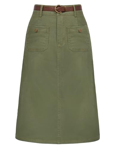 Denim Skirt with Belt Below Knee Length High Waisted Jean Skirts for Women