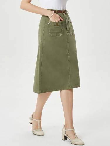 Denim Skirt with Belt Below Knee Length High Waisted Jean Skirts for Women