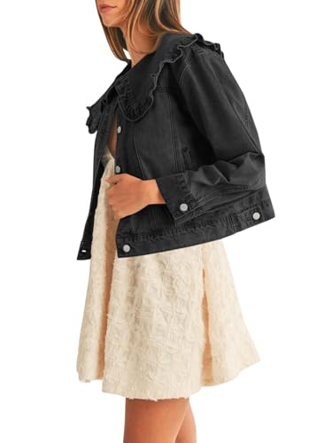 31KBkHI5mqL.jpg Takaneo Womens Denim Jacket Peter Pan Collar Cute Cropped Long Sleeve Shirts Jean Coat with Pockets