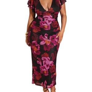 Women's Plus Size Floral Maxi Dress V Neck Ruffle Short Sleeve Bodycon Vacation Mesh Dresses