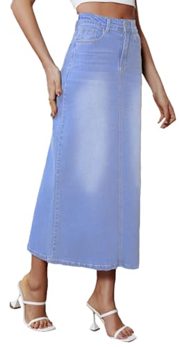 Women's Vintage Denim Long Skirt A-Line High Waisted Front Slit Casual Maxi Jean Skirt
