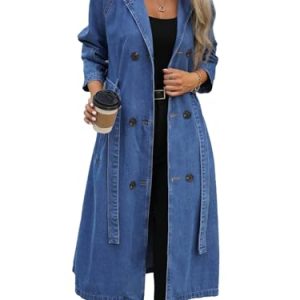 Womens Long Denim Jacket Plus Size Lapel Collar Long Sleeve Trench Coat Button Down Over Knee Tunic Outerwear