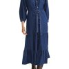 Women's Tiered Denim Shirt Dress 3/4 Sleeve Button Down Midi Jean Dresses Flowy Belted Denim Dress with Pockets