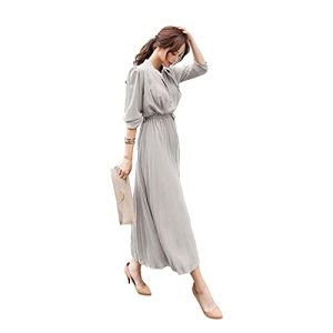 Womens Pleated Long Sleeve Loose Dress Casual Maxi Dresses with Tie Waist