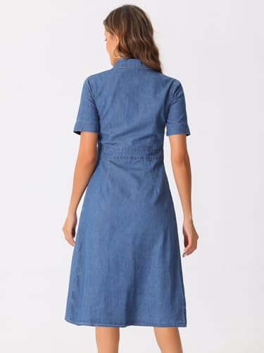 31RUahrygsL.jpg Denim Dress for Women's Collared Short Sleeve A-Line Button Up Jean Midi Dresses