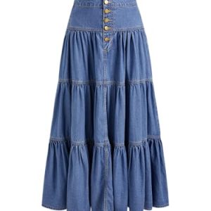 Women’s Long Jean Denim Tiered Button Down High Waisted Maxi Skirts