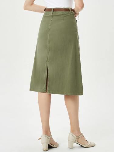 Denim Skirt with Belt Below Knee Length High Waisted Jean Skirts for Women