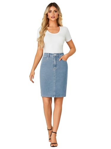 Women's Casual Stretch High Waist Back Slit Denim Jean Knee Length Skirt