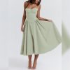 Women’s Corset Dress Sexy Spaghetti Strap Bustier Midi Dress Low Cut Flowy Pleated Hem Formal Dresses with Pockets