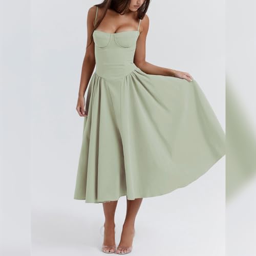 Women’s Corset Dress Sexy Spaghetti Strap Bustier Midi Dress Low Cut Flowy Pleated Hem Formal Dresses with Pockets
