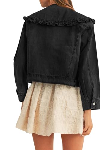 31bacOpkEoL.jpg Takaneo Womens Denim Jacket Peter Pan Collar Cute Cropped Long Sleeve Shirts Jean Coat with Pockets