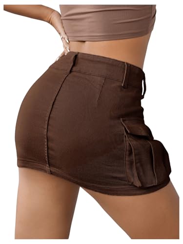 Women's Low Waist Button Bodycon Mini Cargo Denim Skirt with Pocket