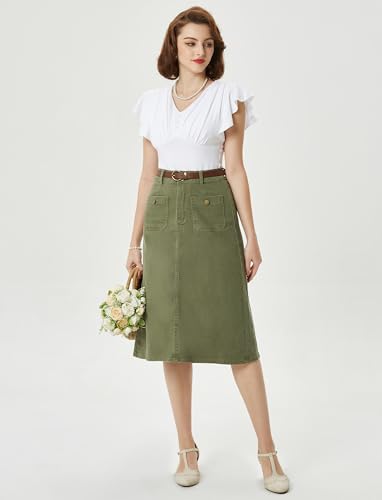 Denim Skirt with Belt Below Knee Length High Waisted Jean Skirts for Women