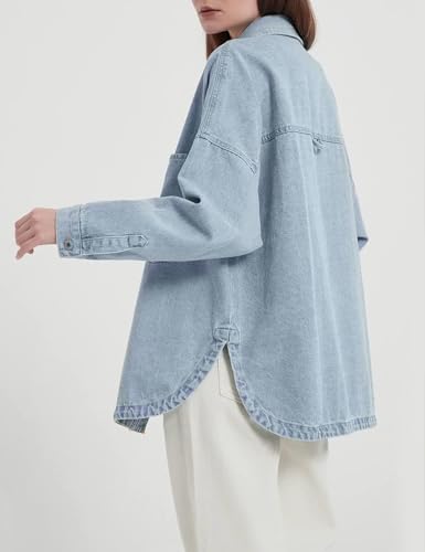 Womens Denim Shirt Long Sleeve Oversized Boyfriend Jean Jacket Shacket Trendy Button Down Shirt