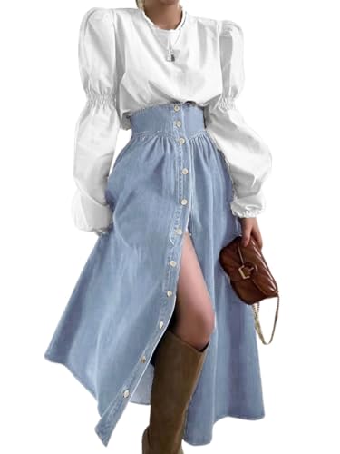 31dG1U4WucL.jpg Women's High Waist Long Denim Skirt Button Down Swing A-Line Jean Maxi Skirt with Pockets