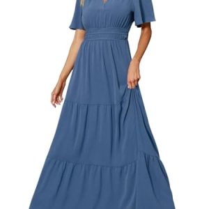 Women's Summer Boho Maxi Dresses Casual V Neck Short Sleeve A-line Empire Waist Long Flowy Beach Dress