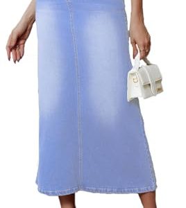 Women's Vintage Denim Long Skirt A-Line High Waisted Front Slit Casual Maxi Jean Skirt