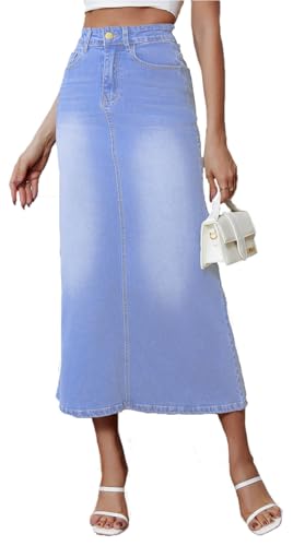 Women's Vintage Denim Long Skirt A-Line High Waisted Front Slit Casual Maxi Jean Skirt