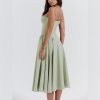 Women’s Corset Dress Sexy Spaghetti Strap Bustier Midi Dress Low Cut Flowy Pleated Hem Formal Dresses with Pockets