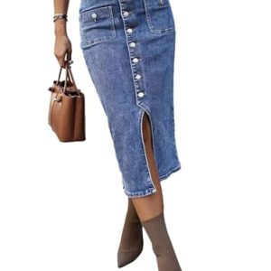 Straight High Rise Vintage Embroidered Botton Fly Split Thigh Midi Denim Skirt