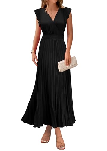 Women's Summer Maxi Dresses Elegant V Neck Ruffle Flutter Sleeves Empire Waist Pleated Flowy Wedding Guest Dress
