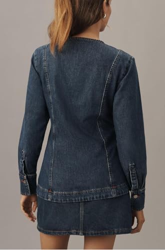 Women's Denim Shirt Long Sleeve Button Down Collarless V-Neck Slim Fit Jean Jacket Denim Top