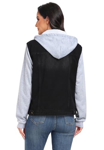 Women's Classic Casual Hooded Denim Jacket Drawstring Vintage Washed Jean Jacket Sweatshirt with Pockets
