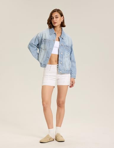 Women's Blue Jean Jacket Oversized Distressed Button Down Denim Jacket Vintage Long Sleeve Soft Boyfriend Coat