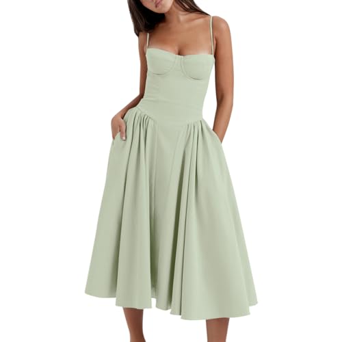 Women’s Corset Dress Sexy Spaghetti Strap Bustier Midi Dress Low Cut Flowy Pleated Hem Formal Dresses with Pockets