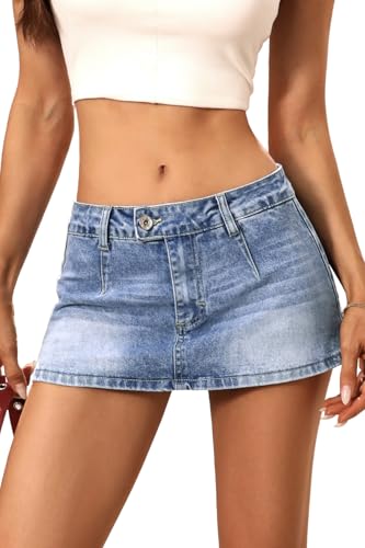 Low Rise Denim Mini Skirt for Women, High Stretch Jean Skirt with Shorts Underneath Y2k Micro Skort