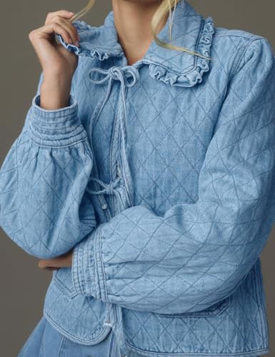 41-YYbKck-L.jpg Womens Denim Jacket Casual Long Sleeve Peter Pan Collar Denim Shirts Tie Front Shacket Loose Fit Top