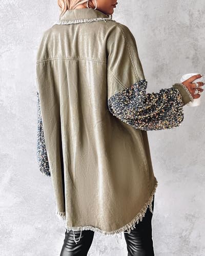 Womens Denim Jacket 2025 Sequin Patchwork Long Sleeve Jackets Top Button Front Oversized Denim Shacket