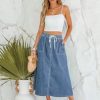 Denim Skirts for Women Trendy A Line Long Maxi Pull On Elastic Waist Drawstring Stretchy Jean Skirt with Pockets