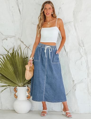 Denim Skirts for Women Trendy A Line Long Maxi Pull On Elastic Waist Drawstring Stretchy Jean Skirt with Pockets