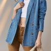 Womens Long Denim Jacket Button Up Blazer Oversized Notched Lapel Casual Jean Shacket Coat