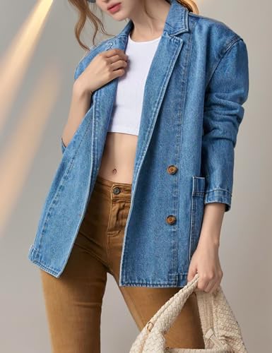 Womens Long Denim Jacket Button Up Blazer Oversized Notched Lapel Casual Jean Shacket Coat