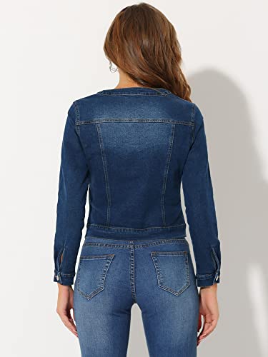 Women's Denim Jacket Collarless Round Neck Button Down Long Sleeve Jean Jackets