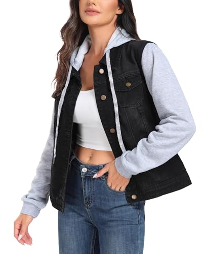 Women's Classic Casual Hooded Denim Jacket Drawstring Vintage Washed Jean Jacket Sweatshirt with Pockets
