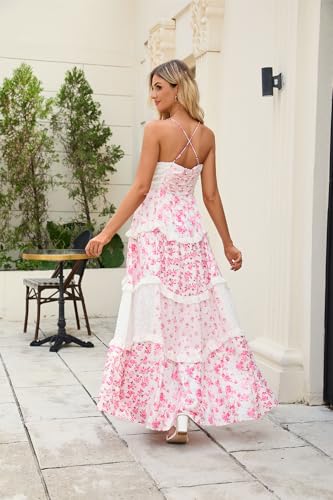Women Floral Maxi Dress Spaghetti Strap V Neck Patchwork Bohemian Flowy Dresses Summer Fall