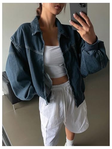 Women's Zip Up Denim Jacket Long Sleeve Oversized Jean Jacket Outerwear