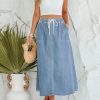 Denim Skirts for Women Trendy A Line Long Maxi Pull On Elastic Waist Drawstring Stretchy Jean Skirt with Pockets