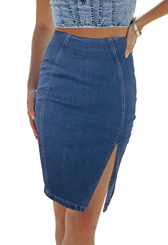 Women’s Denim Pencil Skirt High Waisted Knee Length Side Split Hem Stretch Jean Skirts for Women