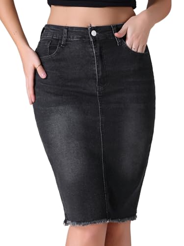 Women's Denim Skirt High Waist Raw Hem Pockets Stretch Bodycon Pencil Skirt Knee Length Jean Skirts