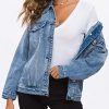 Women's Oversize Vintage Washed Boyfriend Denim Jacket Long Sleeve Classic Loose Jean Trucker Jacket 003